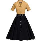 GownTown 1950 Women Dress Midi Shirt Dress Cocktail Dress with Belt