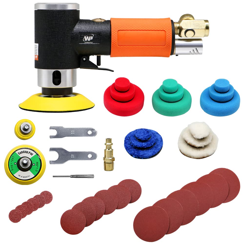 WorkPad Mini Car Polisher, Air Polisher, WP 25mm 50mm 76mm Eccentric Grinder Angle Grinder - complete with accessories.