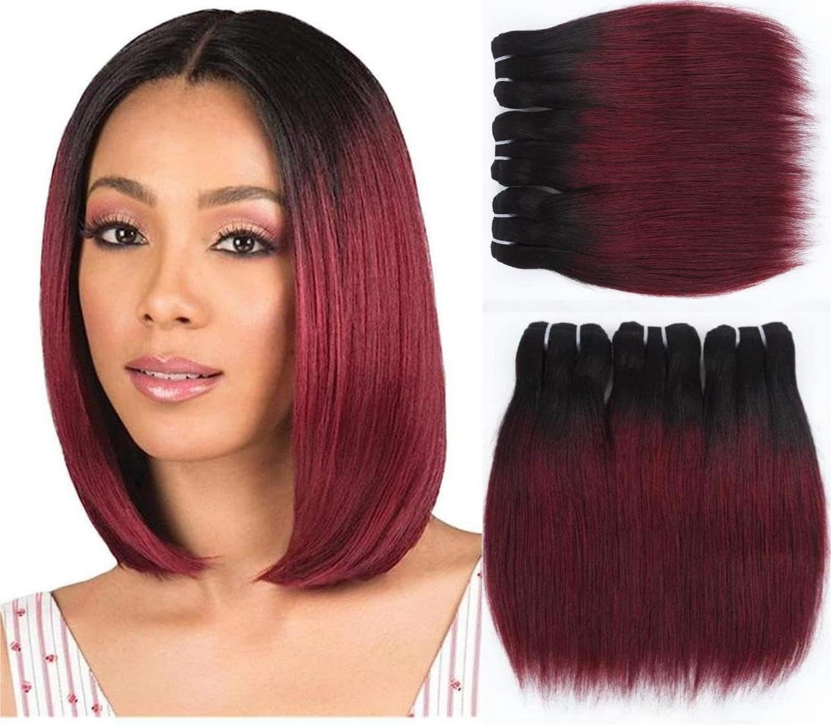 Sexycat Straight Human Hair Bundles 10 10 10 Inch，#1B/99J Ombre Burgundy 100% Unprocessed Brazilian Virgin Hair Extensions Weave Weft Bundles Human Hair