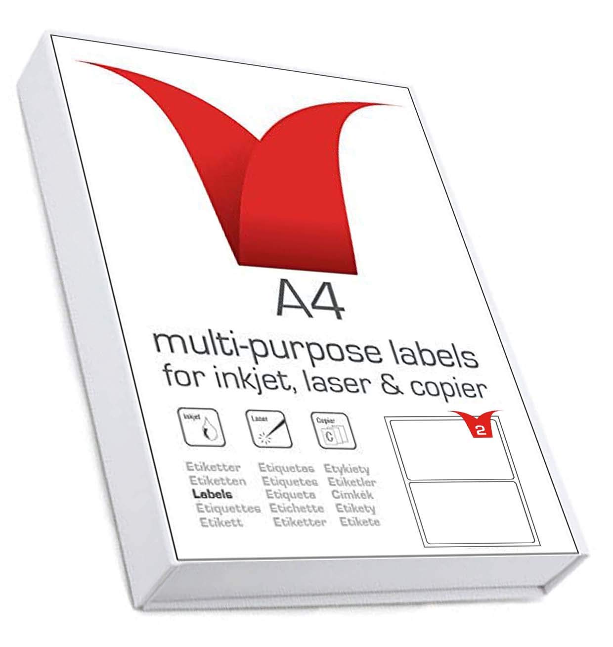 Multi-Purpose A4 White Self-Adhesive Labels - Die Cut 199.6 x 143.5mm - 2 Labels per Sheet - 100 Sheets per Box