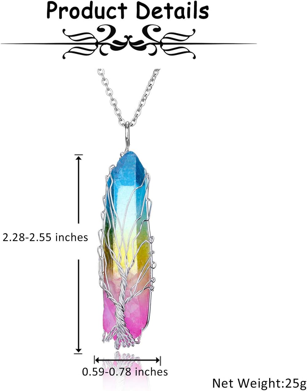 JOVIVI Natural Rainbow Quartz Tree of Life Healing Crystal Gemstone Irregular Rock Stone Chakra Pendant Necklace Silver Wire Wrap Gemstone Necklace Jewellery for Women - Image 4