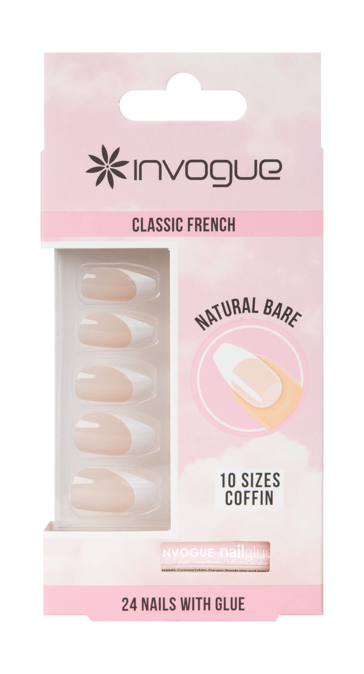Invogue Coffin Natural Bare False Nails With Glue 24 Pack