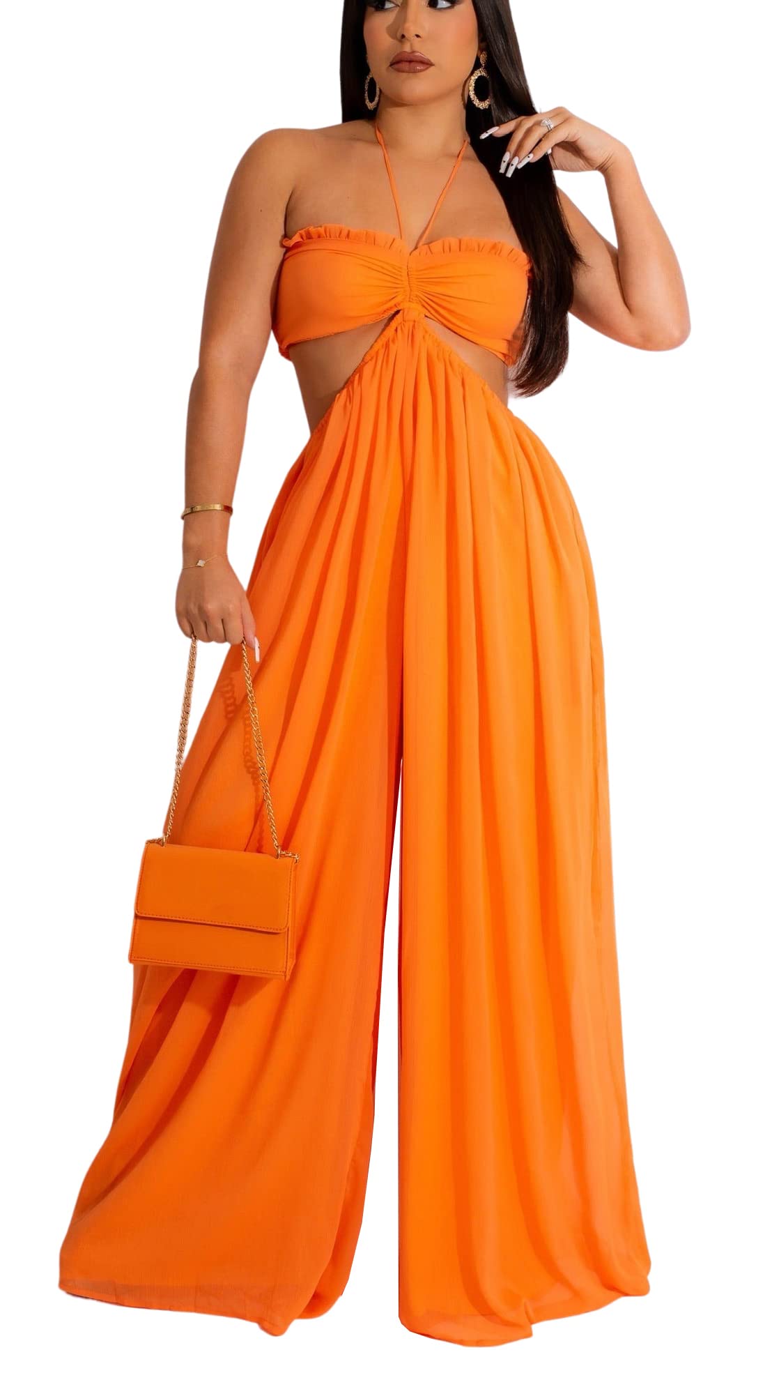 Photo 1 of Bluewolfsea Womens Summer Sexy Halter Backless One Piece Flowy Chiffon Wide Leg Pants Rompers Beach Jumpsuits X-Large Orange
