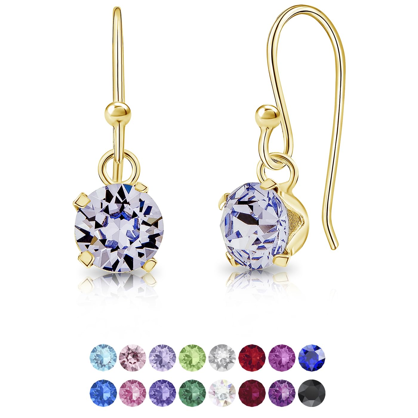 DTPSilver - 925 Sterling Silver Yellow Gold Plated Round Hook Dangle/Drop Earrings made with Glittering Crystals from Swarovski® Elements - Diameter: 6 mm - Colour : Provence Lavender