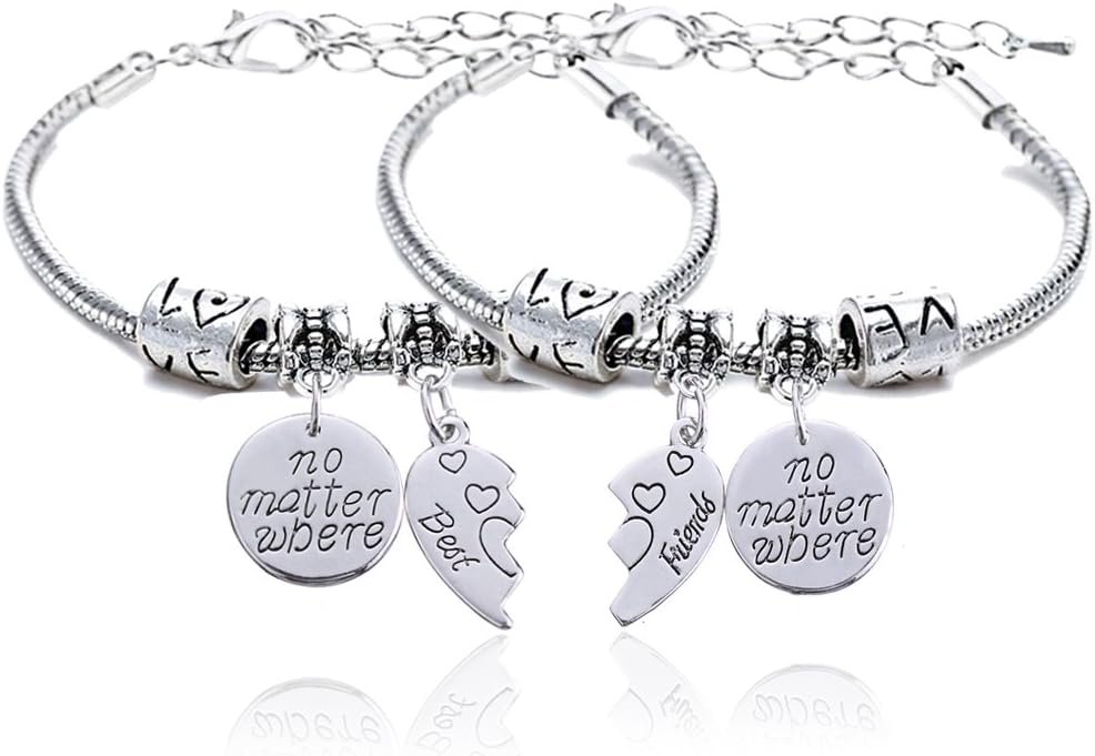 lauhonmin 2pcs BBF Best Friends No Matter Where Compass Split Broken Heart Double Bracelets Set Friendship Gift