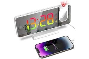 Petilleur Projection Alarm Clock for Bedroom Ceiling, 180° Rotatable Projector 7.4” Mirror RGB Digital LED Display 12/24H, 5 Level Brightness Dimmer, Dual Alarm Clock (White)