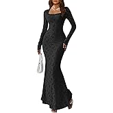 MITILLY Women Bodycon Maxi Dress Elegant Square Neck Long Sleeve Floral Lace Sexy Wedding Guest Cocktail Long Dresses New