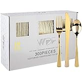 WDF300 Pieces Gold Plastic Silverware - Heavy Duty Disposable Cutlery Set Plastic Gold Silverware Set Includes 100 Forks, 100 Spoons, 100 Knives for Party Valentine’s Day