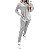 CHICME 2 Piece Outfits for Women Ribbed Long Sleeve Shirt Pullover and Skinny Pants Set Lounge Set