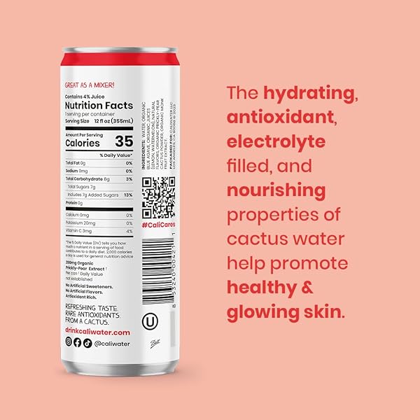 CALIWATER – ORGANIC CACTUS WATER – WATERMELON – 5G SUGAR, 35 CALORIES – HALF SUGAR OF COCONUT WATER – NATURAL PLANT BASED HYDRATION – SKIN CARE, ELECTROLYTE DRINKS – FLAVORED WATER BEVERAGES – 12 CANS