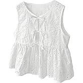 SweatyRocks Girl's Bow Tie Front Eyelet Embroidery Sleeveless Blouses Cute Ruffle Tank Top