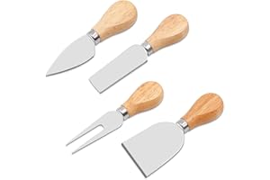 4 PCS Cheese Knives Set, Stainless Steel Wood Handle Knife Collection Slicer Pizza Cutter Cheese Knife, Shaver, Fork and Spre