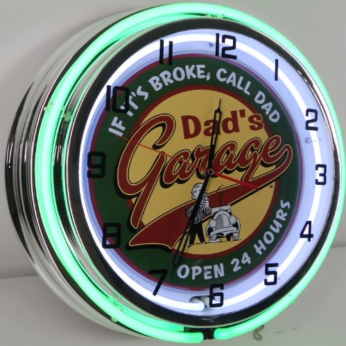 DAD'S GARAGE 18" DOUBLE NEON LIGHT WALL CLOCK MAN CAVE WORKSHOP TIN METAL SIGN GREEN - Thumbnail 2