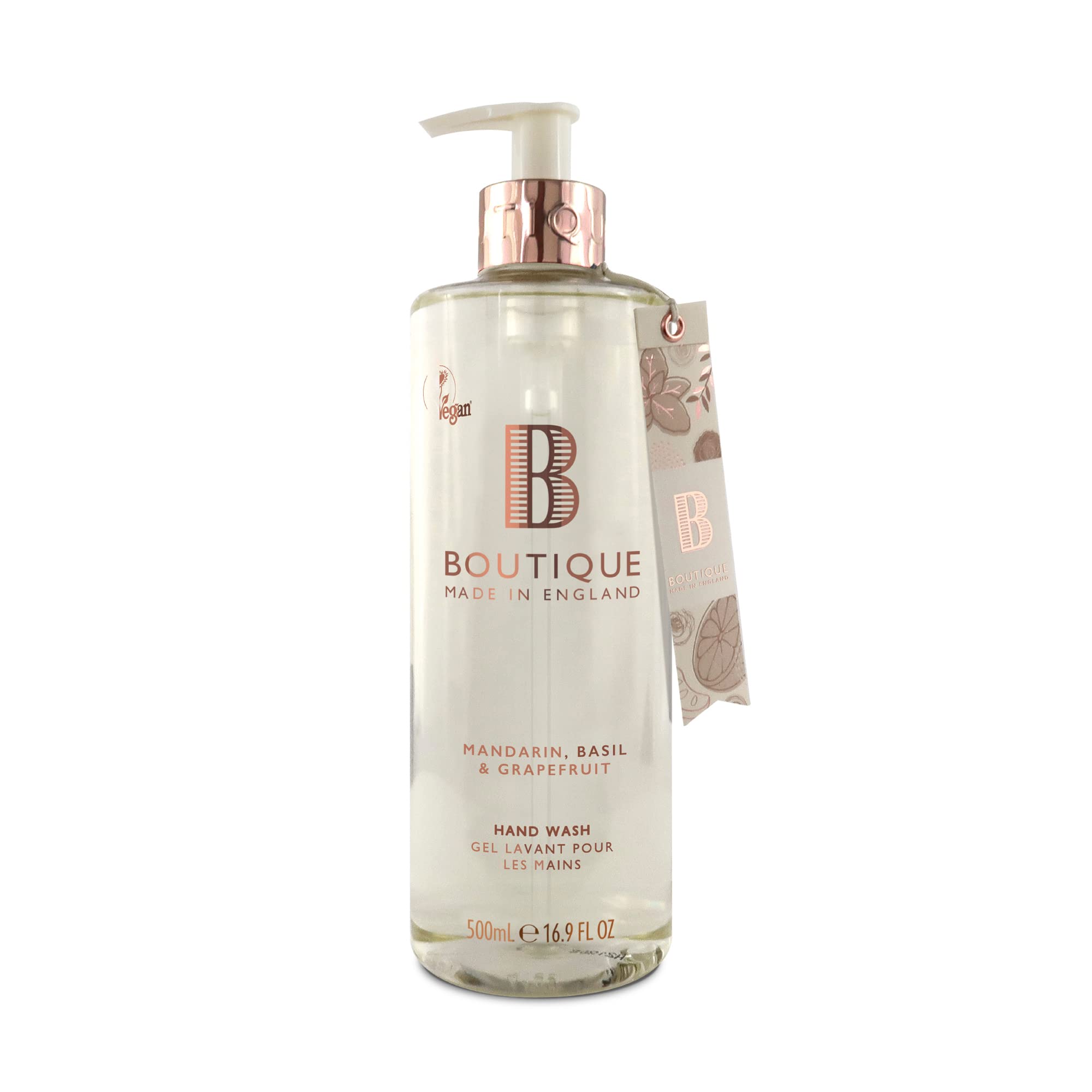 Boutique Mandarin, Basil & Grapefruit Hand Wash 500ml Refreshing Liquid Soap - Essential Oils - Vegan and Cruelty Free, No SLS or Parabens - Made In England