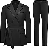 Lamgool Women Double Breasted Suit with Belt Business Casual 2 Pcs Blazer Jacket with Pants Set