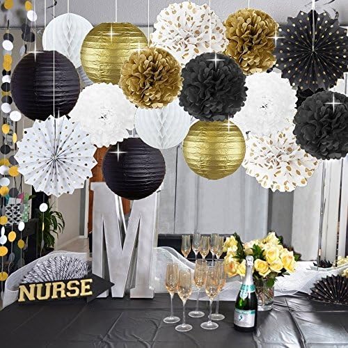Kubert New Year Party Decoration Gold Polka Dot Tissue Paper Fans Black Gold White Tissue Paper Pom Poms Paper Flower Paper Lantern for Birthday Decorations Bridal Shower Decorations Wedding