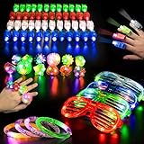 68 PCS LED Glow Party Favors,Ailuki Light Up Toys Glow in the Dark Party Supplies with 48 LED Finger Lights, 12 Flashing Bumpy Rings 4 Bracelets 4 Flashing Slotted Shades Glasses Christmas Accessories