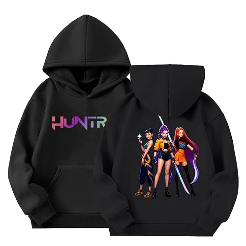 K Pop Demon Hunters Merch Hoodies Girls Vintage Y2k Pullover all Winter Huntrix Huntr/X Shirts Hip Hop Streetwear Oversized Fashion Long Sleeve Hooded Sweatshirt for Kids 4-14Y A-black