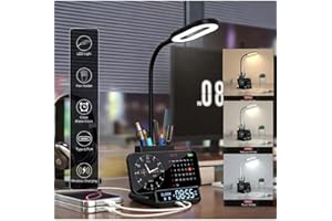 Smart LED Desk Lamp for Home Office, Bright Desk Light with USB-C Charging Port, Wireless Charging, Clock + Alarm Clock, and 