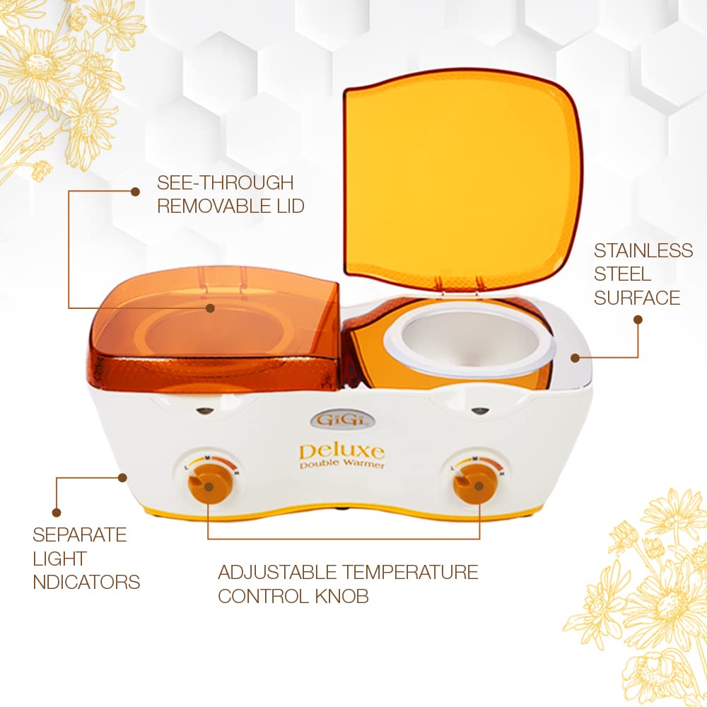 GiGi Deluxe Double Wax Warmer - Hair Removal Waxing Kit Heater, Dual Pot Design, Adjustable Temperature Control, Salon & Home Use, 14 oz (2) Wax Can