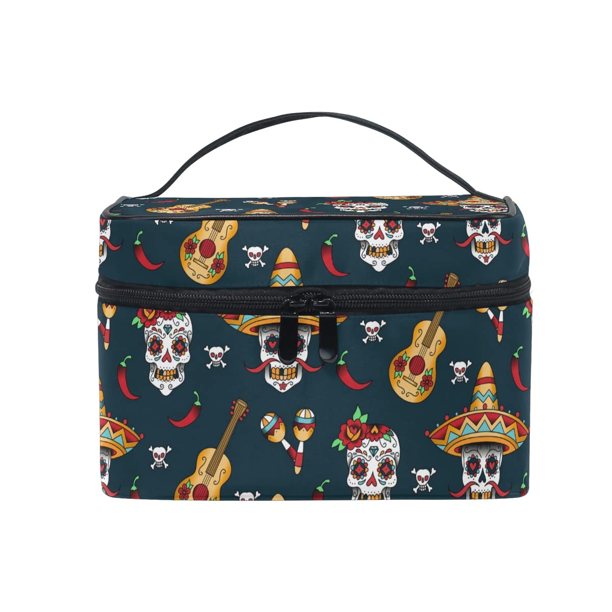 Makeup Bag, Sugar Skull Mexico Funny Print Cosmetic Toiletry Storage Large Travel Handle Personalised Pouch with Compartments for Teenage Girl Women Lady