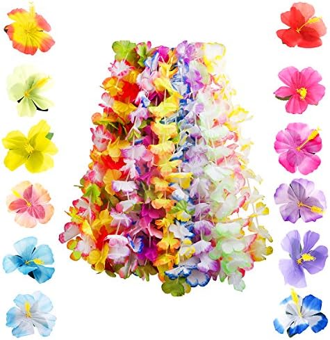 48 Counts Tropical Hawaiian Luau Flower Set - 36 Counts Ruffled Flower Lei Garlands &amp; 12 Counts Hibiscus Flowers Tabletop Decoration - for Beach Themed Parties, Luaus, Tiki Bar Decor