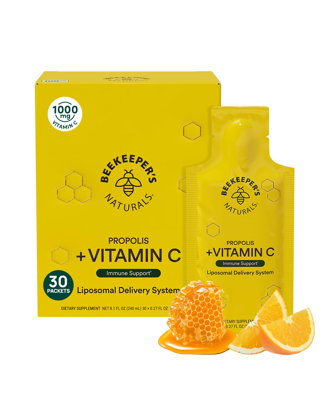 Propolis Liposomal Vitamin C by Beekeeper's Naturals, 1000mg Vitamin C, Propolis & Organic Honey, Supercharged Immune Support & Increased Bioavailibity for Max Absorption, 30 Ct