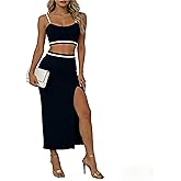 DENIS LORA 2 Piece Skirt Sets for Women Summer Cami Crop Top High Side Slit Bodycon Knitted 2 Piece Dress Sweater Outfits Set