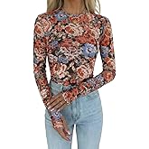 CHICME Womens Floral Mesh Long Sleeve Tops Crewneck See Through Fitted Shirts Sexy Sheer Going Out Blouses