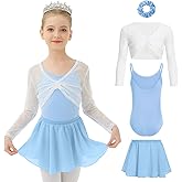 JiAmy Girls Ballet Leotards 4 Pcs Dance Outfits Combo with Mesh Cardigan, Removable Skirt for 3-12 Years