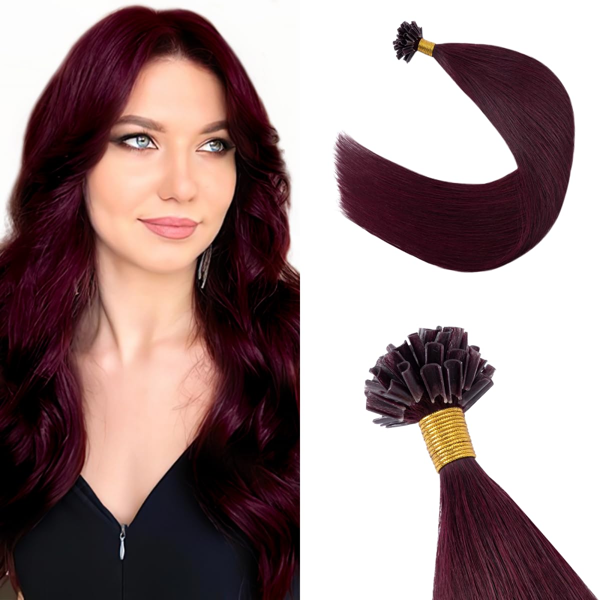 Silk-co U Tip Pre Bonded Hair Extensions Strands Keratin Nail Tip Straight Human Hair Extensions U tip Real Remy Hair 50 Strands Keratin Nail Til 20"-50g #99J Wine Red — image 1