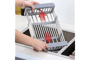 Extendable Stainless Steel Kitchen Sink Drain Basket, Retractable Dish Drying Rack, Over The Sink Drainer, Space-Saving Stain