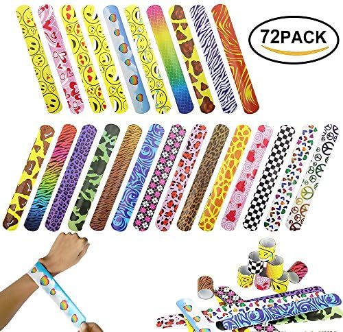 Toys 72 Packs Slap Bracelets Party Favors Pack(24 Designs)with Colorful Hearts, Animal, Emoji,，Print Design Retro Slap Bands for Birthday Parties,Kids Prizes ,Stocking Stuffers,Pinata Fillers , Valent