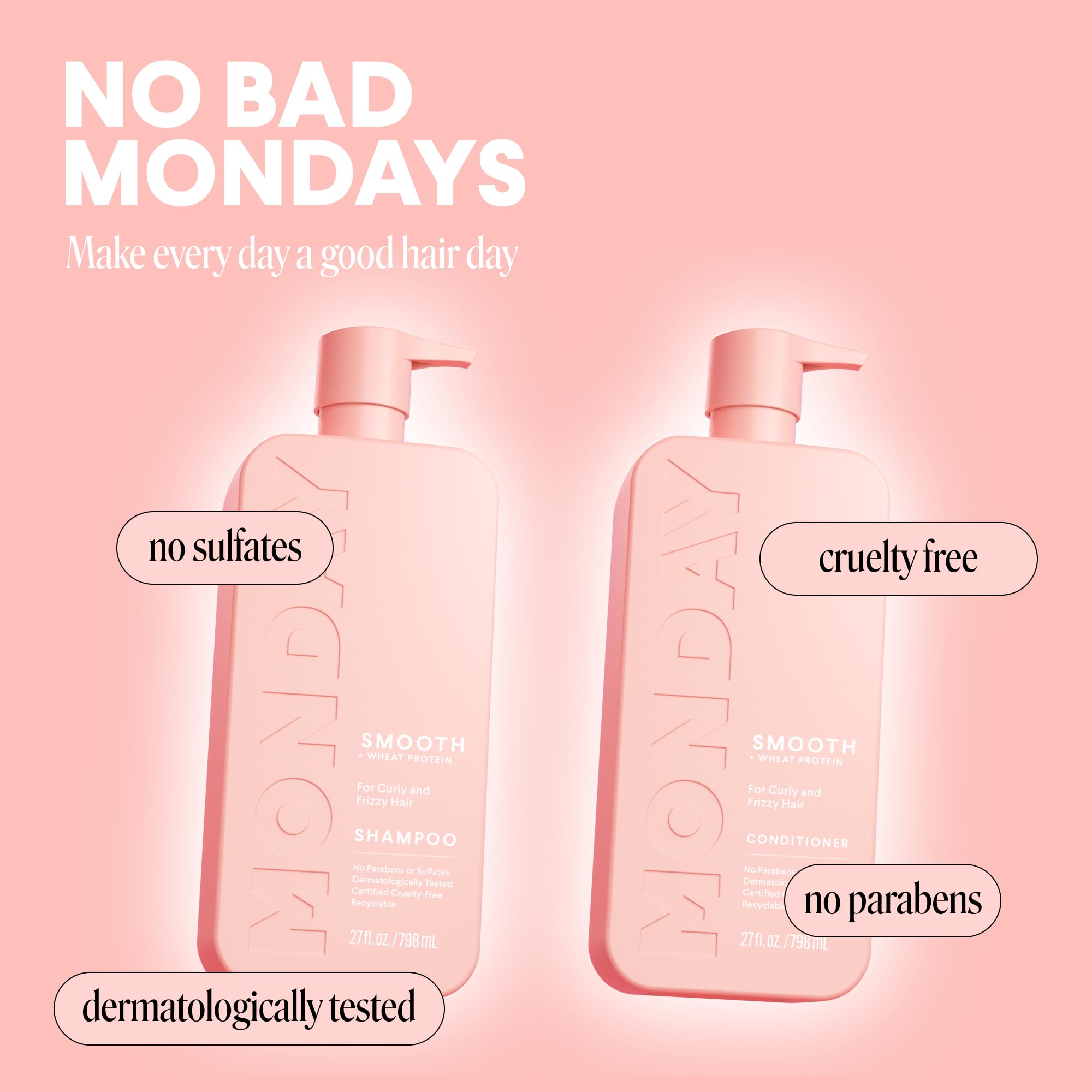 MONDAY HAIRCARE Smooth Shampoo + Conditioner Bathroom Set (2 Count) 27 oz Each For Frizzy, Coarse & Curly Hair Made with Coconut Oil, Shea Butter & Vitamin E 100% Recyclable Bottle Pink