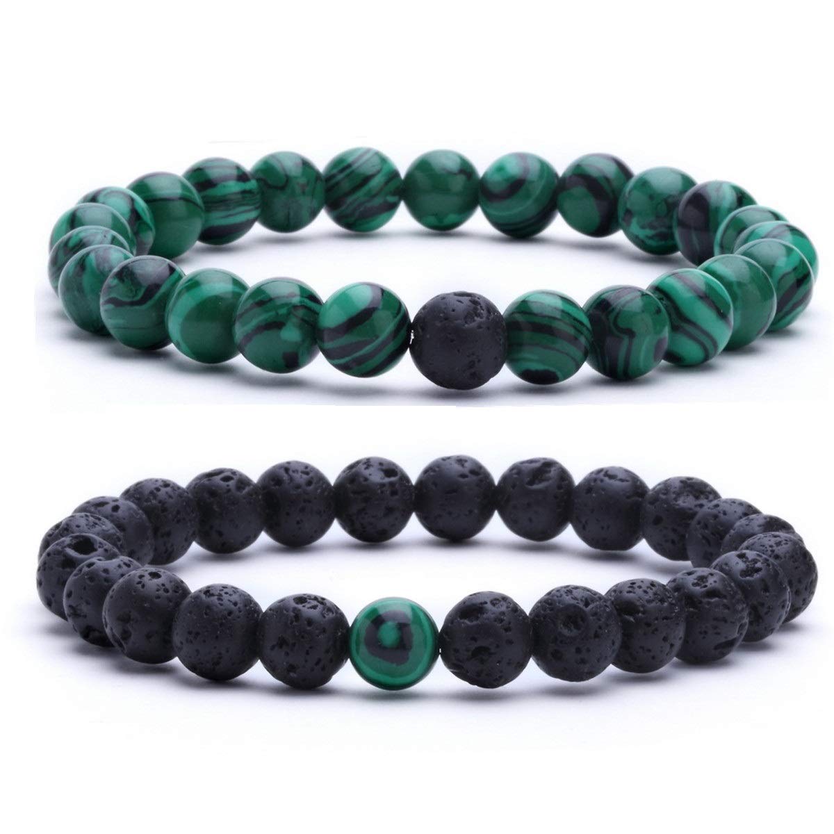 MengPa Mens Lava Rock Bracelet for Women Aromatherapy Anxiety Essential Oil Volcanic Stone Bead Bangle (Elastic-Black Lava&Green Malachite)UK4163G