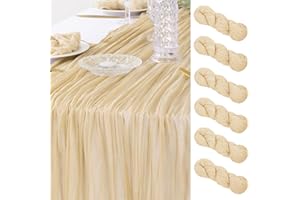 DeZerlor 6Pack Champagne Cheesecloth Table Runner Boho Gauze Table Runner Bulk Rustic Sheer Table Runner 120 inches Long for Wedding Bridal Baby Shower Spring Table Decor