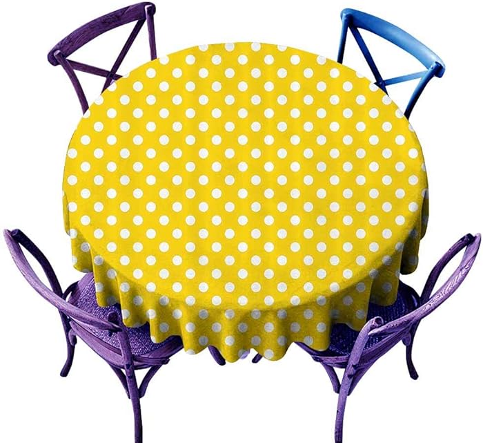 Yellow Decor Printing Round Tablecloth,Picnic Inspired Cute 50s 60s 70s Themed Polka Dot Spotted Pattern Print Yellow and White,Great for Wedding & More D60 inch