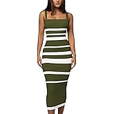 RomMoon Women's Casual Spring Summer Striped Midi Dress Ribbed Knit Sleeveless Bodycon Sweater Dresses