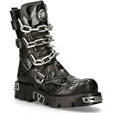 New Rock Men's 727-S1 Metallic Black Leather Spikes Gothic Mid Calf Punk Rock Boots