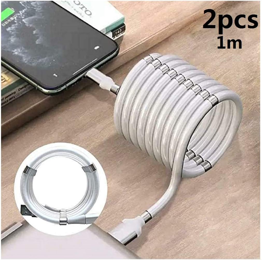 QDYL 2PCS magnetic adsorption cable, data cable organizer,360 degree magnetic charger cable white For IOS/Type-C/Android (1.8m, Andriod)
