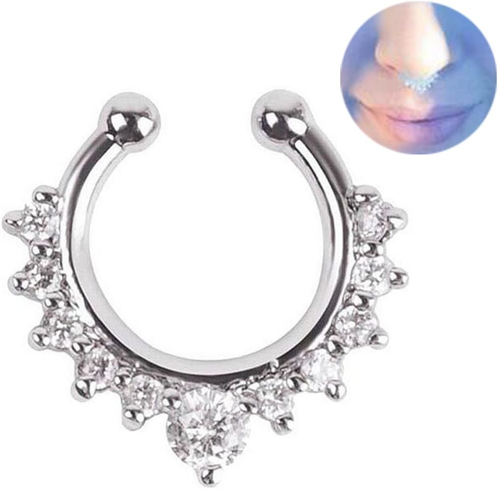 1Pcs CZ Zircon Fake Septum Clicker Nose Hanger Ring Non Piercing Clip On Jewelry (Silver Color)