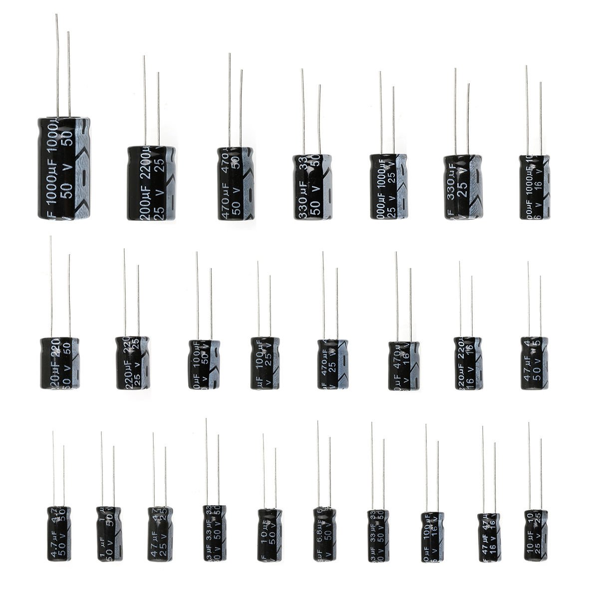 WINGONEER 25 Values 16V 25V 50V 1uF to 2200uF Electrolytic Capacitors Assorted Assortment Kit Set Black - 125PCS