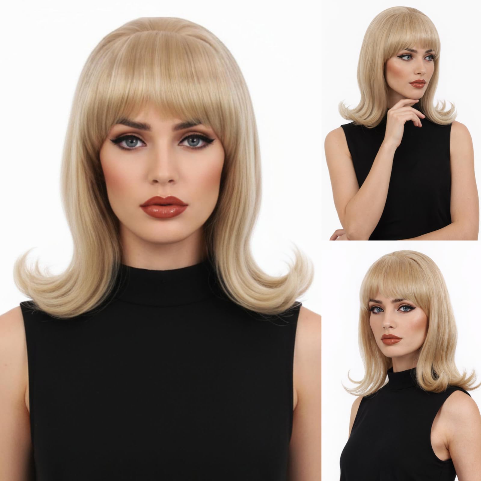 REEWES Beehive Wig With Bangs 50's Flip Wig For Women 60s 70s Party Costume Cosplay Halloween(Blonde Highlight)