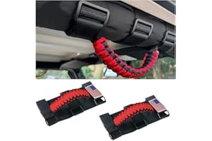 HZEL 2PCS Roll Bar Grab Handles, Oxford Cloth Upgrade Metal Buckle Paracord Grip Handles, Durable and Strong Car Accessories, Compatible with Wrangler JL, JLU, JT, JK, JKU, TJ, LJ and YJ (Red)