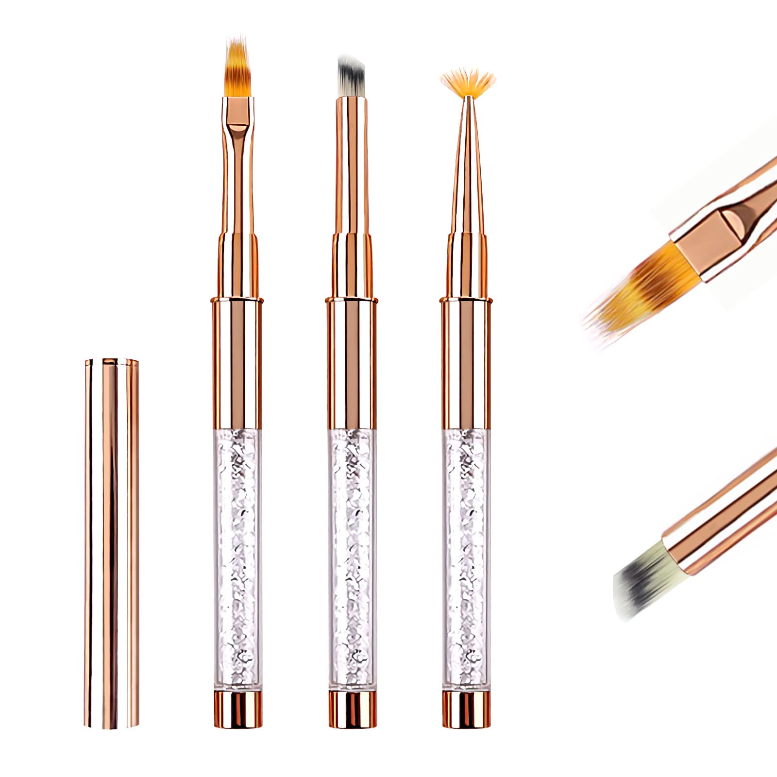 Ombre Nail Art Brushes Set for Gel Nail with Lid and Diamand Handle 3PCS, LEA-SHALL Gradient/Fan UV Polish Builder Painting Pen Kit Fine Brush DIY Decoration Home Salon Design Rose Gold — image 1