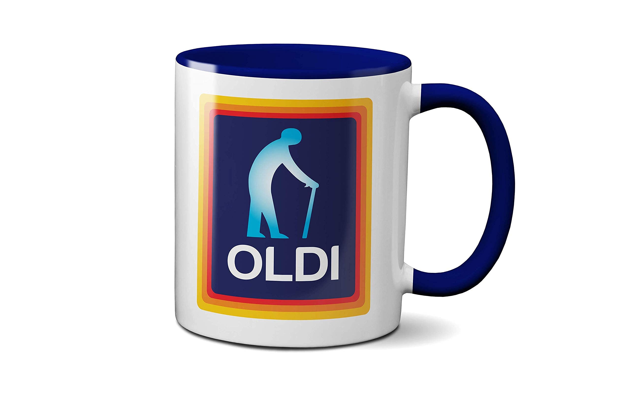 Oldi Man Mug- Birthdays Christmas Funny Gift Presents Father's Day Celebration Novelty Old Coffee Tea Heavy Duty Handle Dino Coated Dishwasher/Microwave Safe Ceramic (Colbalt Handle Prime)