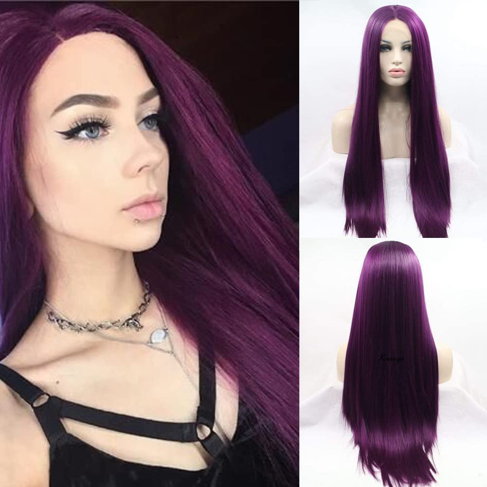 AFBeauty Purple Lace Front Wig Gluless Half Hand Tied Free Part Long Straight Bright Purple Natural Hairline Wigs Heat Resistant Fiber Soft Wigs for Women