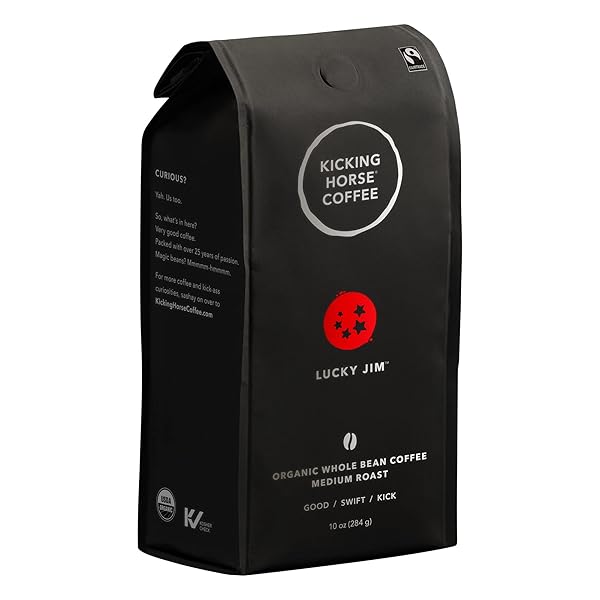 KICKING HORSE COFFEE LUCKY JIM WHOLE BEANS, MEDIUM ROAST, CERTIFIED ORGANIC FAIRTRADE KOSHER COFFEE, BLACK, 10 OZ