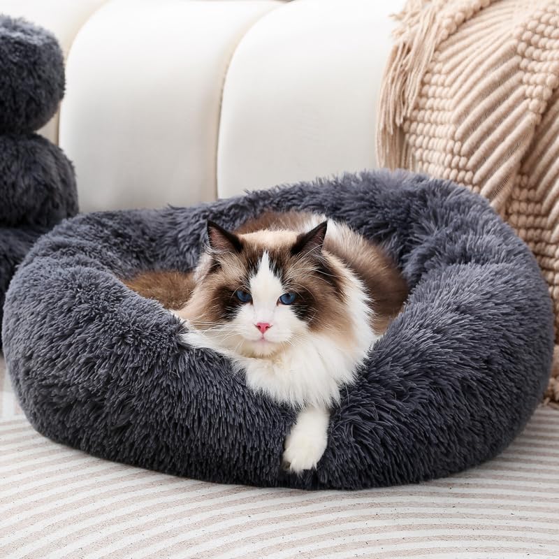 Fhodigogo Round Pet Bed for Small Dogs and Cats - Plush Donut Nest with Anti-Slip Bottom, Warm Cat Bed (M/43X43X12CM)
