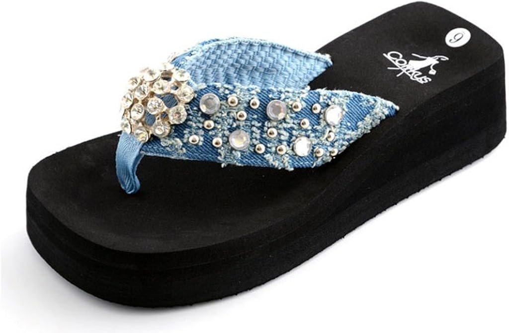 Corkys Gidget Washed Denim Rhinestone Flip Flops Light